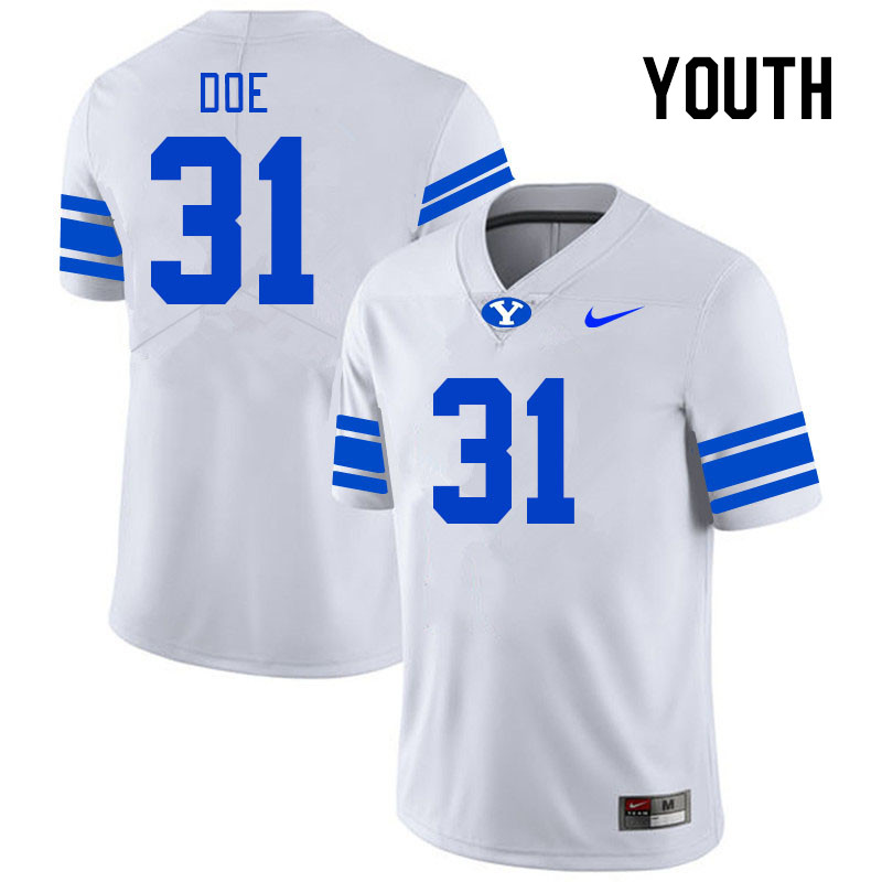 Youth #31 Kevin Doe BYU Cougars College Football Jerseys Stitched Sale-White - Click Image to Close